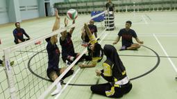 Atlet bola voli duduk Indonesia saat berlatih di Gelora Bung Karno Arena, Jakarta, Kamis (27/9/2018). Latihan tersebut untuk persiapan jelang Asian Para Games 2018. (Bola.com/M Iqbal Ichsan)