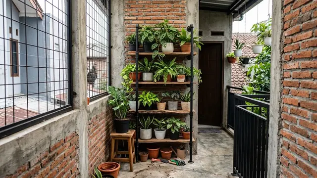 Desain Teras dengan Rak Kebun Bertingkat Gaya Industrial dengan Rak Pipa Ekspos
