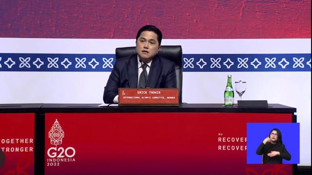 Menteri BUMN Erick Thohir dalam konferensi pers, di Bali, Rabu (16/11/2022). Erick Thohir mengaku mendapat tugas dari Presiden Joko Widodo untuk menyiapkan gelaran olimpiade di IKN Nusantara.