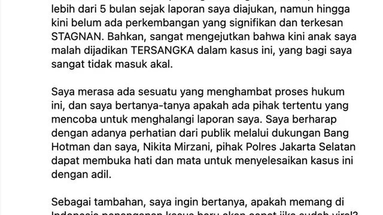 Nikita Mirzani Tulis Surat Terbuka ke Kapolres Jaksel: Mengejutkan, Kini Anak Saya Malah Jadi Tersangka