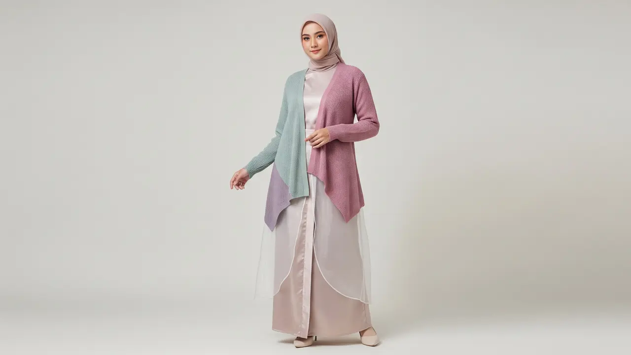 Gamis Berlapis Organza dengan Cardigan Asimetris