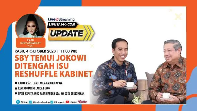 Presiden Joko Widodo atau Jokowi bertemu dengan Ketua Majelis Tinggi Partai Demokrat Susilo Bambang Yudhoyono (SBY) di Istana Bogor, Jawa Barat, Senin (2/9/2023) sore. Pertemuan dua tokoh bangsa ini berlangsung di tengah mencuatnya isu reshuffle atau...