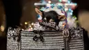 Seekor anjing mengenakan kacamata dan kostum menunggu di belakang panggung untuk New York Pet Fashion Show ke-17 di New York City, Kamis (6/2/2020). Acara ini menampilkan pertunjukan anjing yang berjalan di catwalk dengan kostum yang unik. (Photo by Johannes EISELE / AFP)