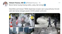 Disinfektan ternyata tidak berguna melawan COVID-19. Dok: Twitter Faheem Younus, MD. @FaheemYounus