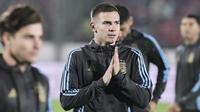 Momen pemanasan Franco Mastantuono, pemain Argentina, jelang laga kualifikasi Piala Dunia FIFA 2026 kontra Chile di Santiago, Chile, Kamis, 5 Juni 2025. (AP Photo/Luis Hidalgo)