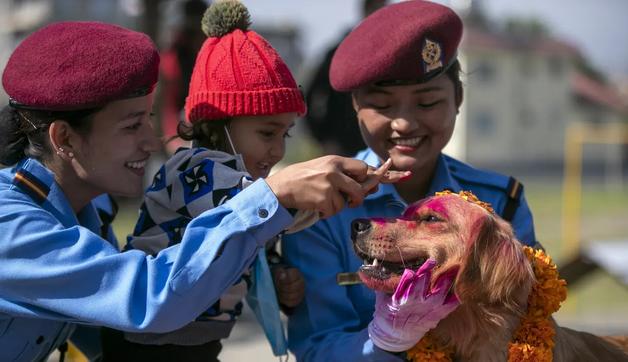 Petugas polisi Nepal dan seorang anak memuja anjing polisi selama perayaan festival Tihar di sebuah divisi kennel di Kathmandu, Rabu (3/11/2021). Anjing disembah untuk mengakui peran mereka dalam memberikan keamanan selama hari kedua festival Tihar. (AP Photo/Niranjan Shrestha)