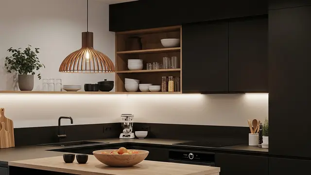 Dapur Minimalis Hitam dengan Sentuhan Kayu (Gemini AI)
