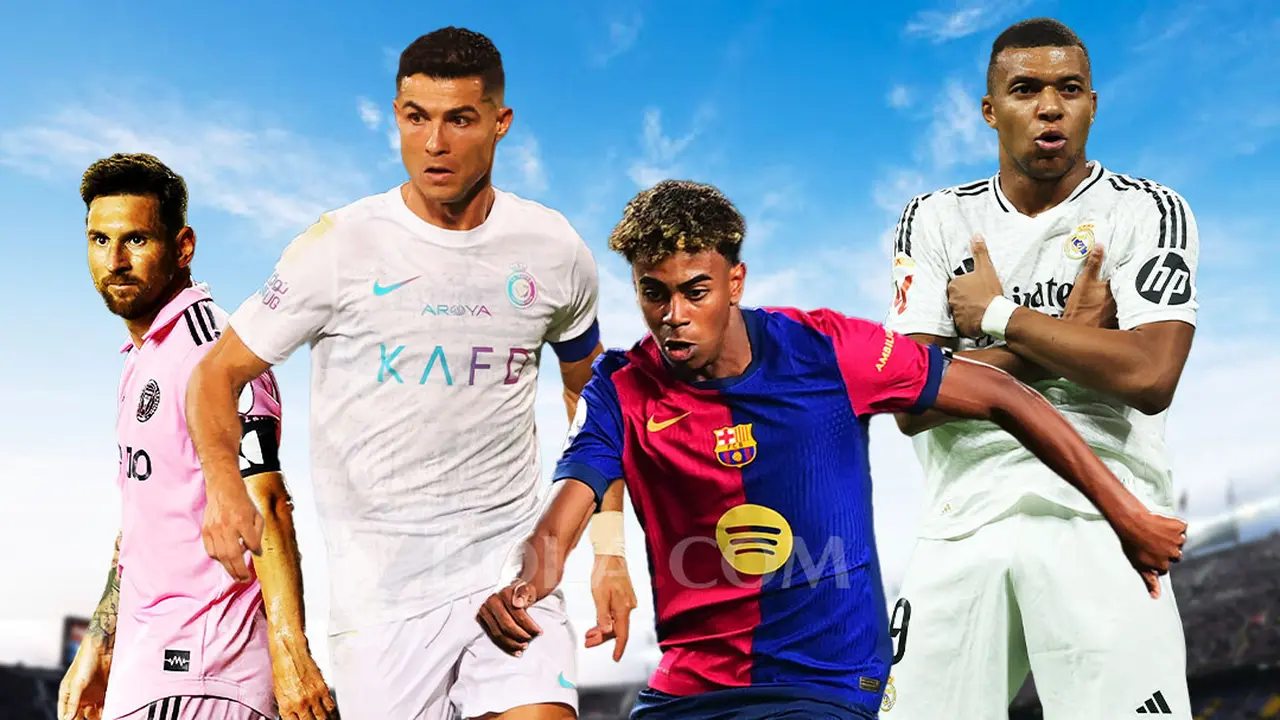 Ilustrasi - Lione Messi, Cristiano Ronaldo, Lamine Yamal, Kylian Mbappe