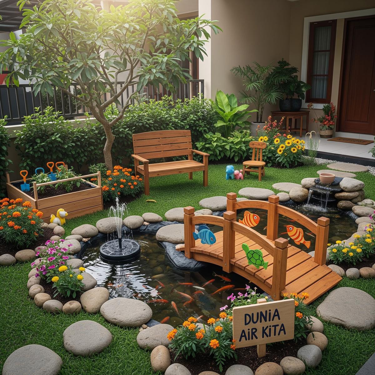 Taman Depan Rumah dengan Kolam Ikan Ramah Anak (Gemini AI)