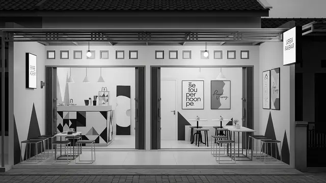 Model Cafe Minimalis Depan Rumah dengan Konsep Sederhana Tapi Bisa Narik Pelanggan Monokrom