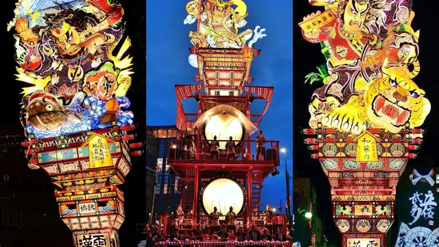 Potret tiga lampion raksasa dalam Festival Goshogawara Tachineputa. (Japan Rail Cafe/Facebook)