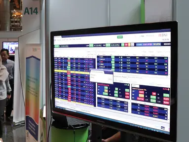 Sebuah layar tentang tabel saham dipajang saat Festival Pasar Modal Syariah 2016, Jakarta, Kamis (31/3). Pertumbuhan pangsa pasar saham syariah lebih dominan dibandingkan dengan nonsyariah. (Liputan6.com/Angga Yuniar)