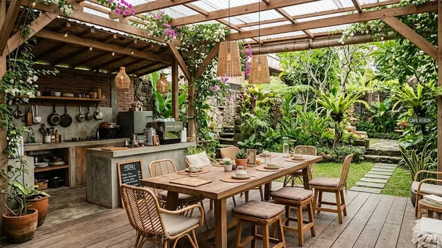 Desain Ruang Makan Semi Outdoor di Antara Dapur dan Taman/AI Generated