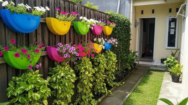 Desain Kebun Rumah Unik dari Ban Bekas untuk Halaman Kecil Model Pot Gantung