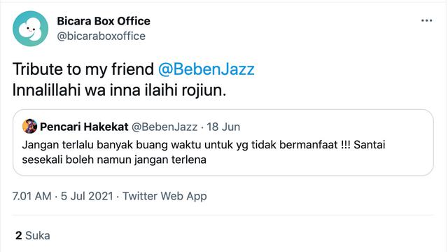 Cuitan Beben Jazz meninggal dunia. (Foto: Dok. Twitter @BicaraBoxOffice)