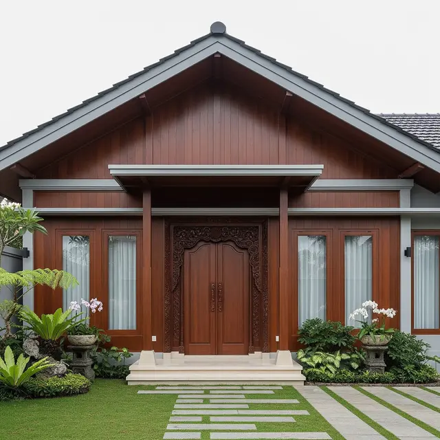 Inspirasi Fasad Rumah Desa dengan Kombinasi Kayu dan Atap Miring Minimalis