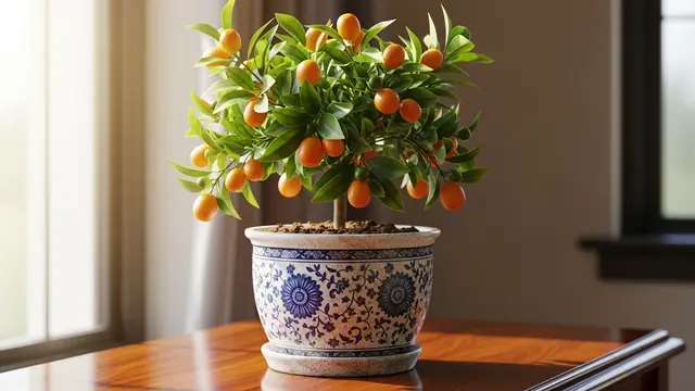 Buah kumquat ditanam di pot dalam rumah.