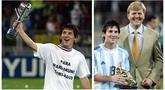 Foto kolase pemain Timnas Argentina, Lione Messi saat memegang trofi Piala Dunia U-20 dan Golden Boot setelah timnya behasil memenangi ajang tersebut yang berlangsung di Utrecht, Belanda, 2 Juli 2005. Messi tercatat berhasil mengemas 5 gol. Selain itu, ia juga sukses menyabet gelar Golden Ball berkat penampilan apiknya. (AFP/John Thys)