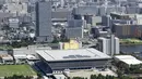 Foto udara menunjukkan Tokyo Aquatics Centre, tempat untuk berenang, menyelam, dan berenang artistik di Olimpiade Tokyo 2020, di Tokyo pada 19 Juli 2021. Dengan mempertimbangkan penyebaran virus COVID-19, pelaksanaan Olimpiade Musim Panas 2020 diadakan tanpa kehadiran penonton. (Behrouz MEHRI/AFP)