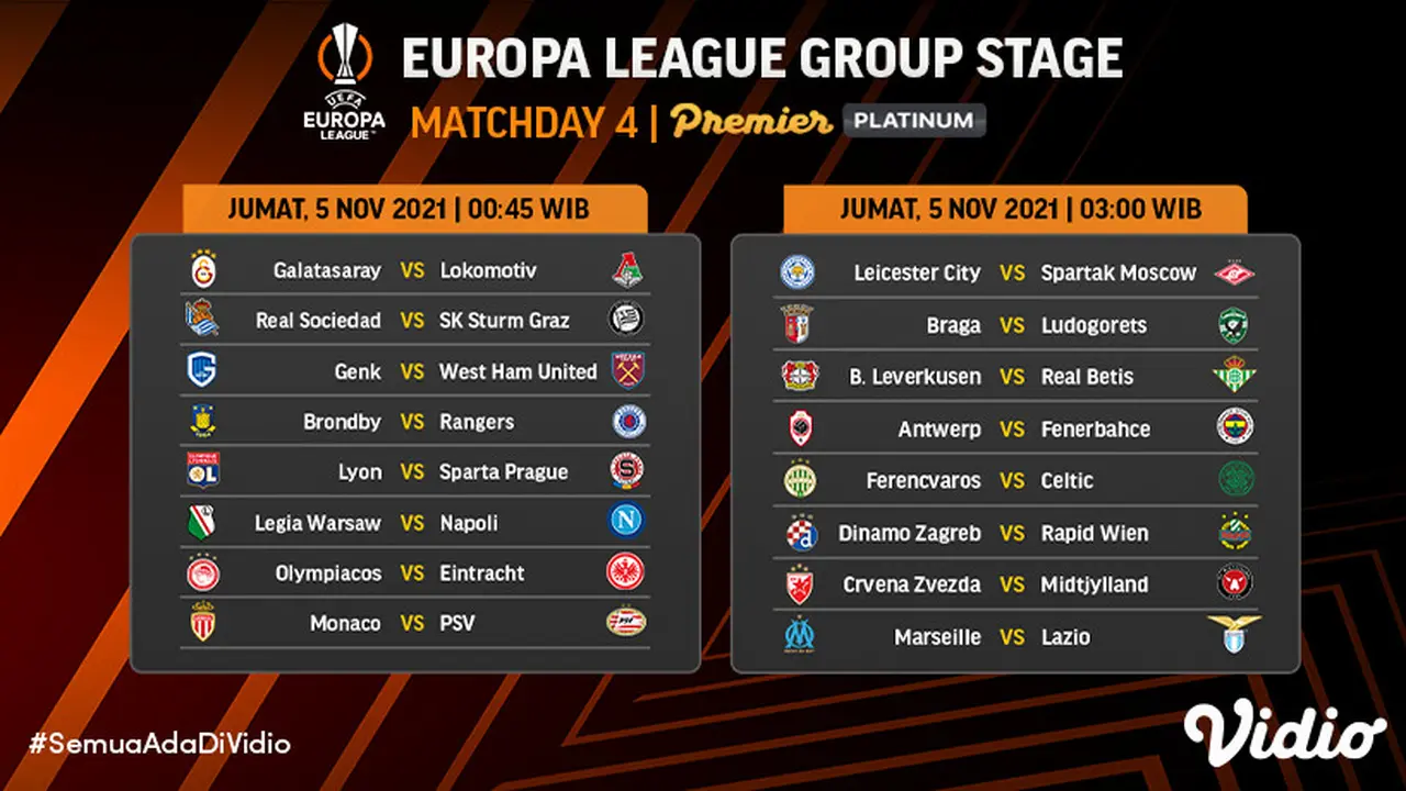 Jadwal dan Live Streaming Liga Europa 2021/2022 Matchday 4 di Vidio Pekan Ini