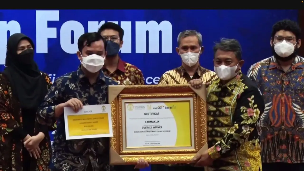 Farmaklik Gup menyabet juara umum dan penilaian tertinggi dari proses penjurian Pitchdeck Business Presentation Due Diligence UI Investment and Startup Forum. (Ist).