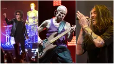 Foto kolase Flea dari Red Hot Chili Peppers (tengah), William Duvall dari Alice In Chains (kiri), dan Brandon Boyd dari Incubus (kanan) saat tampil pada festival musik Louder Than Life di Kentucky Exposition Center, Louisville, Kentucky, Amerika Serikat, 25 September 2022. (Photo by Amy Harris/Invision/AP)