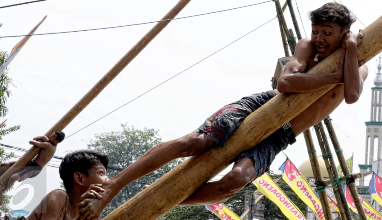 Warga berusaha memanjat saat mengikuti lomba panjat pinang dalam rangka merayakan HUT RI ke-70 di Bantaran Kalimalang, Jakarta, Senin(17/8/2015). Warga antusias mengikuti lomba panjat pinang tersebut. (Liputan6.com/Yoppy Renato)