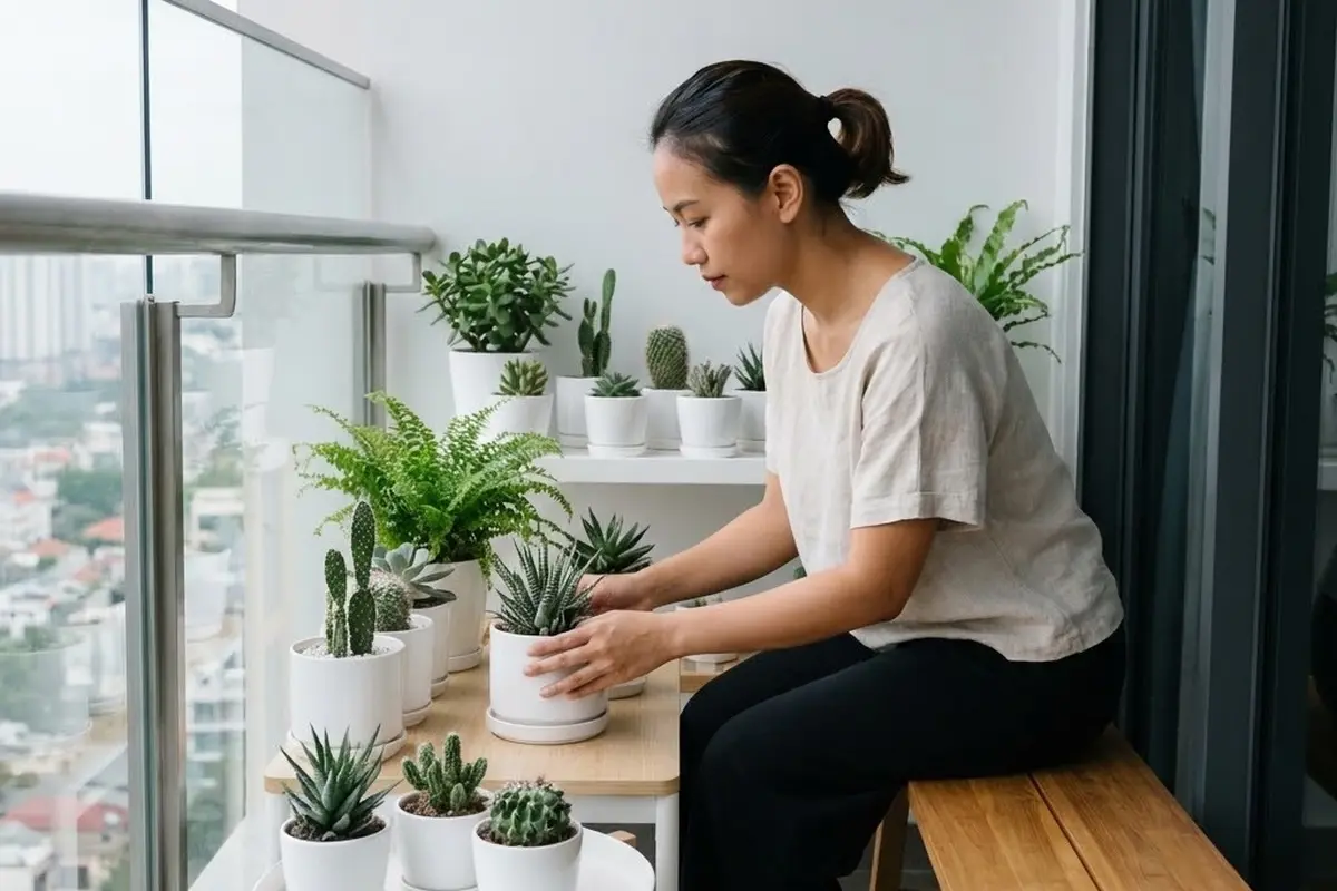 Teras dengan Pot Kecil Seragam Warna Putih (Gemini AI)