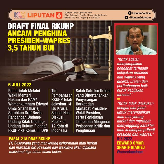 Infografis Draft Final RKUHP Ancam Penghina Presiden dan Wapres 3,5 Tahun Bui. (Liputan6.com/Trieyasni)