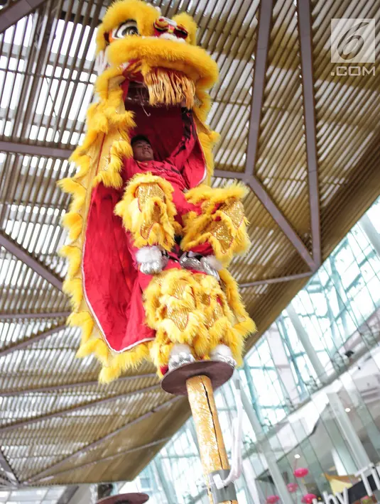 Atraksi barongsai tampil menghibur pengunjung di Mal Ciputra, Jakarta, Jumat (25/1). Menyambut Tahun Baru Imlek 2570 berbagai kesenian tradisional disajikan seperti Wayang Potehi, festival kuliner dan atraksi karakter 7 babi. (Liputan6.com/Faizal Fanani)
