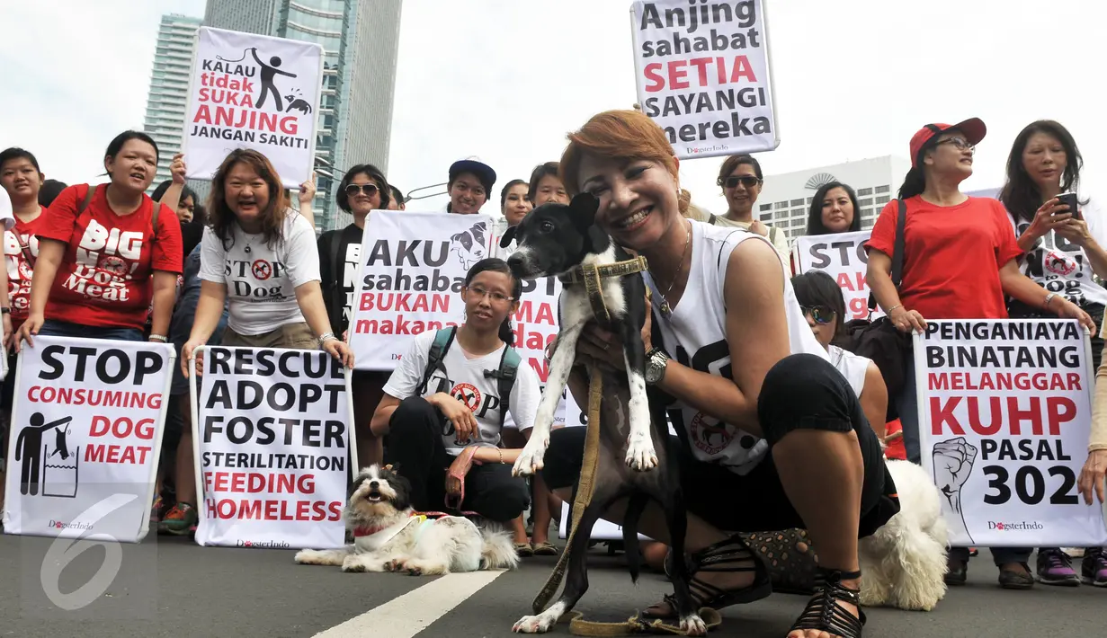 Komunitas pecinta anjing membawa anjing mereka saat aksi di Bundaran HI, Jakarta, Minggu (13/12/2015). Mereka meminta semua pihak untuk tidak memakan daging anjing karena anjing adalah sahabat bukan makanan. (Liputan6.com/Johan Tallo)