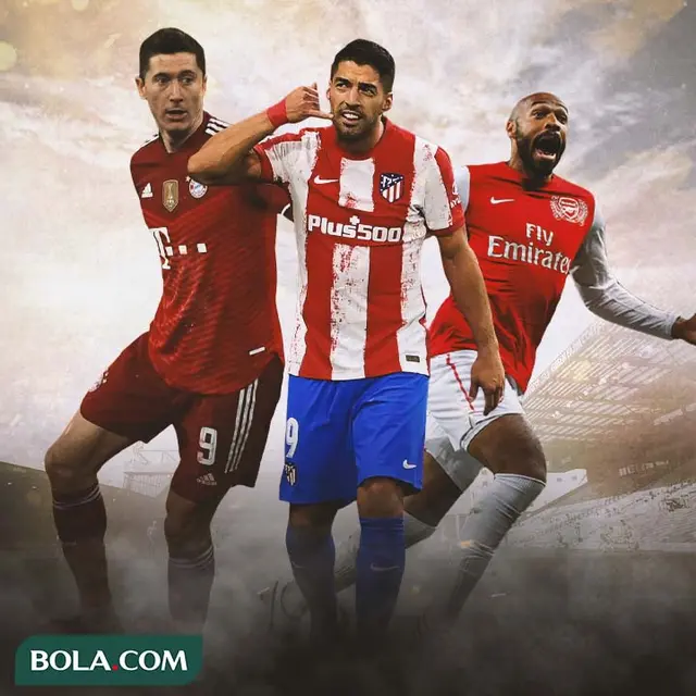 Ilustrasi - Robert Lewandowski, Luis Suarez, Thierry Henry