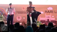 Wapres Jusuf Kalla (JK) memberikan sambutan pada puncak peringatan Hari Lingkungan Hidup Sedunia Tingkat Nasional tahun 2016 di Kabupaten Siak, Riau, Jumat (22/7). "Go Wild for Life" menjadi tema acara ini. (Liputan6.com/Faizal Fanani)