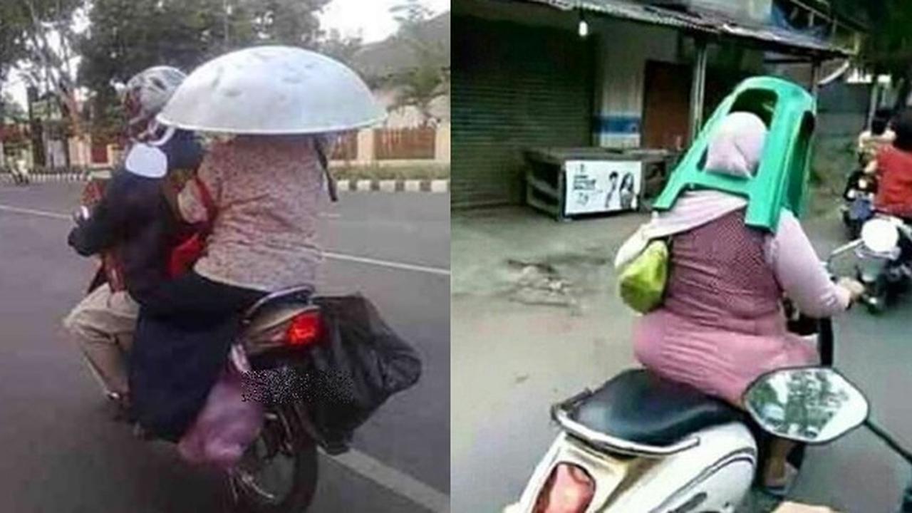 6 Aksi Emak-Emak Pakai Benda Pengganti Helm Ini Nyeleneh, Kocak