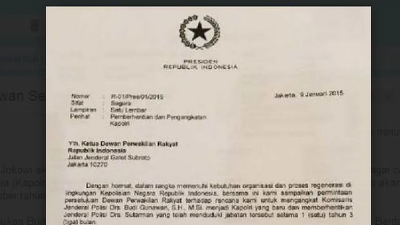 Beredar Surat Jokowi Tunjuk Budi Gunawan Jadi Kapolri