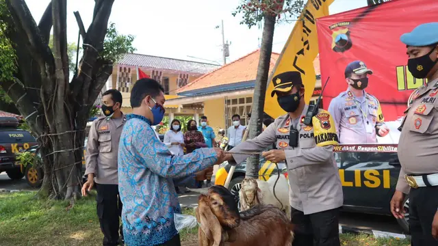 Polres Pemalang membagikan sebanyak 21 hewan kurban untuk masjid dan musala. (Foto: Liputan6.com/Humas Polres Pemalang)