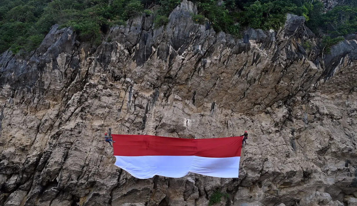 Sekelompok mahasiswa mengibarkan bendera Merah Putih berukuran besar menjelang perayaan Hari Ulang Tahun ke-77 Republik Indonesia di Pantai Lhoknga, Aceh, 16 Agustus 2022. Pengibaran bendera Merah Putih berukuran besar yang dilakukan pada sebuah tebing ini untuk memeriahkan Hari Ulang Tahun ke-77 Republik Indonesia. (CHAIDEER MAHYUDDIN/AFP)