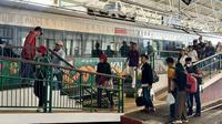 Suasana Stasiun Yogyakarta dipadati penumpang KA jarak jauh pada hari pertama libur panjang Jumat Agung dan Paskah, Jumat (18/4). Total 22.176 penumpang tercatat tiba di wilayah Daop 6.