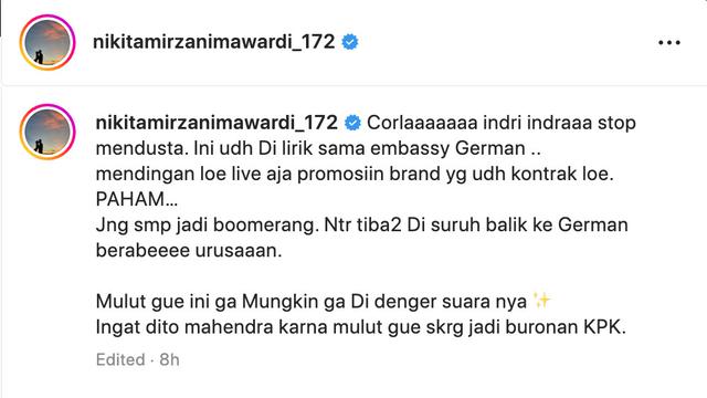 Peringatan Nikita Mirzani untuk Bunda Corla. (Foto: Dok. Instagram @nikitamirzanimawardi_172)