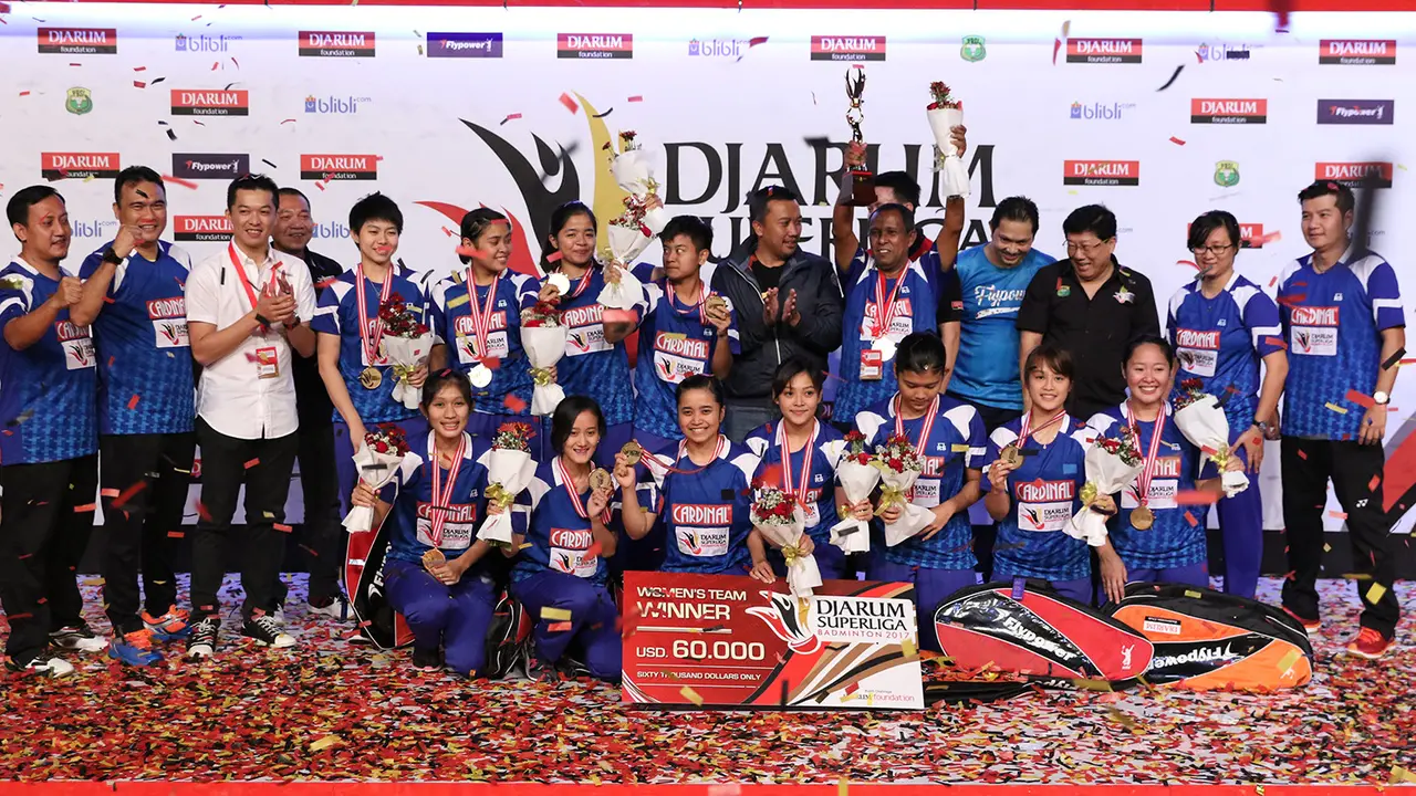 Mutiara Cardinal merayakan kemenangan di Djarum Superliga Badminton 2017. 