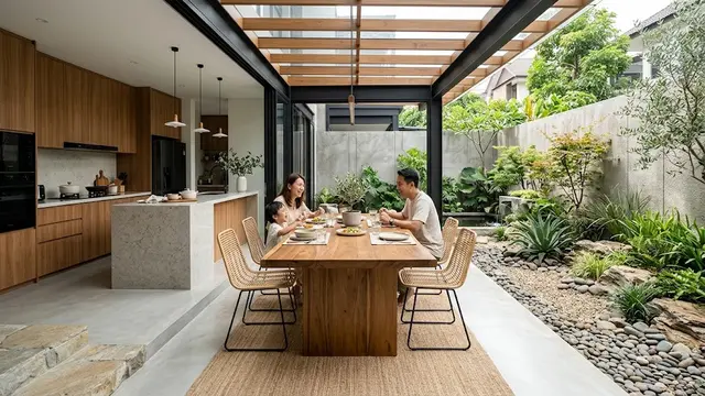 Desain Ruang Makan Semi Outdoor di Antara Dapur dan Taman/AI Generated