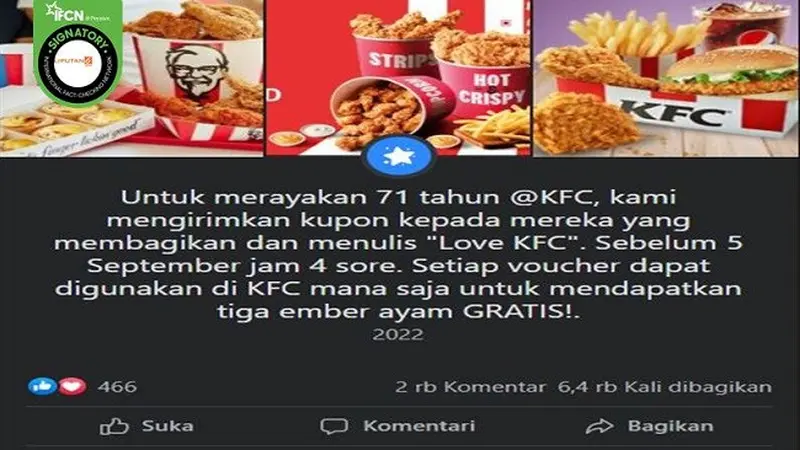 Gambar Tangkapan Layar Kabar Hoaks KFC Bagikan Voucher Tiga Ember Ayam Goreng Gratis (sumber: Facebook).