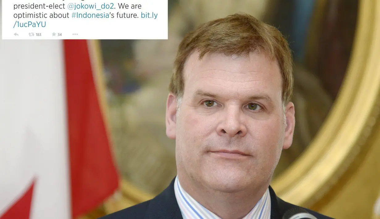 Menteri Luar Negeri Kanada, John Baird  menyampaikan ucapan selamatnya kepada Jokowi lewat akun Twitter terverifikasinya. (REUTERS/Markku Ulander/Lehtikuva)