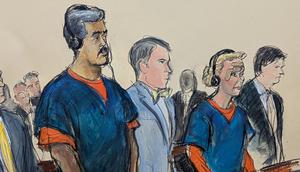 Sketsa ruang sidang ini menampilkan Presiden Venezuela Nicolas Maduro (kiri) dan istrinya, Cilia Flores (kedua dari kanan), saat menghadiri sidang di pengadilan federal Manhattan, New York, pada Senin (5/1/2026), bersama para pengacara mereka, Mark Donnelly (kedua dari kiri) dan Andres Sanchez. (Dok. Elizabeth Williams via AP)