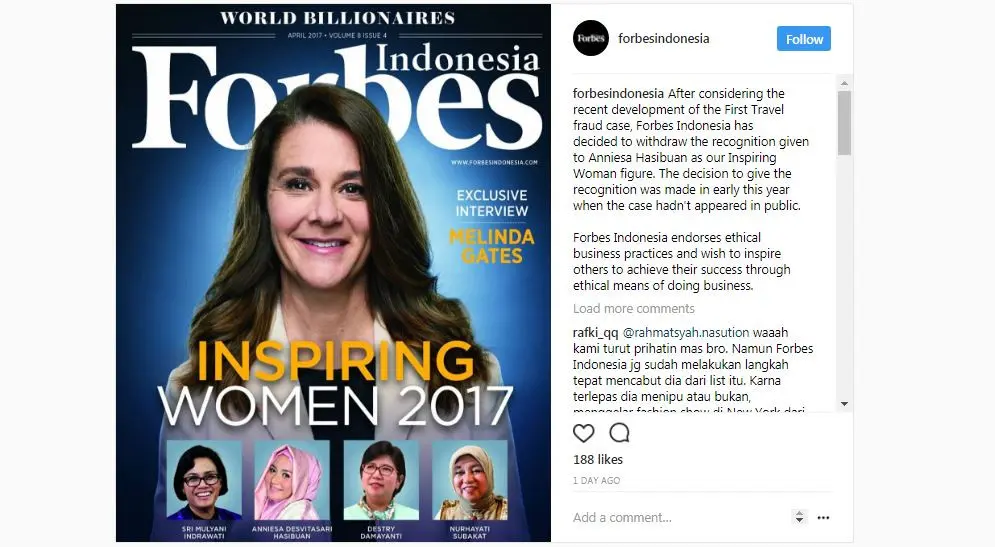 Anniesa Hasibuan batal dinobatkan jadi wanita menginspirasi versi majalah Forbes Indonesia [foto: instagram/forbesindonesia]