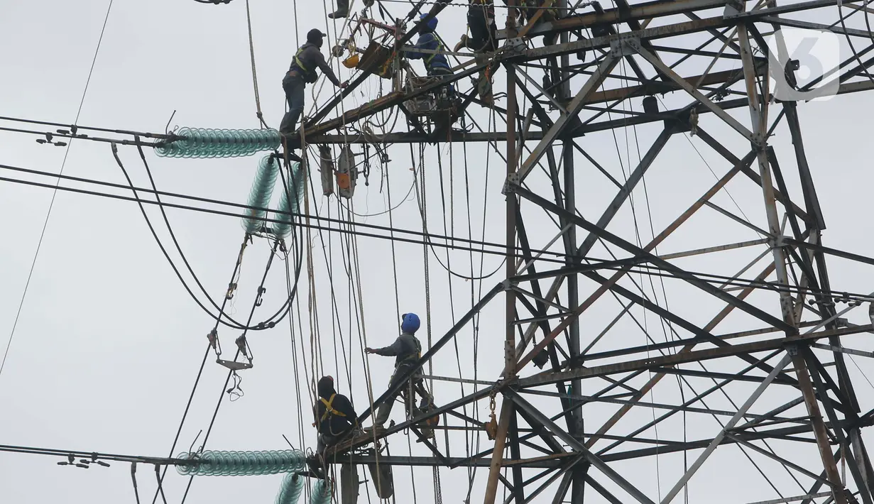 Pekerja menyelesaikan pekerjaan jaringan SUTET di Tangerang, Banten, Senin (2/1/2021). PT PLN (Persero) memiliki pasukan khusus yang terlatih melakukan pemeliharaan, perbaikan, dan penggantian perangkat isolator, konduktor maupun komponen lainnya pada jaringan listrik. (Liputan6.com/Angga Yuniar)