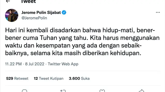 Cuitan Jerome Polin Sijabat di Twitter pada hari Shinzo Abe ditembak. (Foto: Dok. Twitter @JeromePolin)