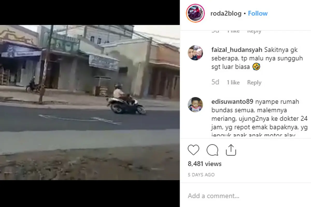 Sebuah video memperlihatkan seorang pengendara sepeda motor terjatuh saat menikung. Menggunakan motor matik, pemotor tersebut kehilangan kendali karena dipacu dengan kecepatan cukup tinggi.