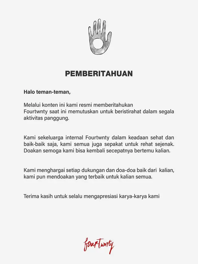 Fourtwnty Umumkan Rehat Sejenak. (instagram/fourtwntymusic)