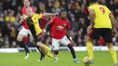 Gelandang Manchester United, Fred, saat melawan Watford pada laga Premier League 2019 di Stadion Vicarage Road, Minggu (22/12). Watford menang 2-0 atas Manchester United. (AP/Petros Karadjias)